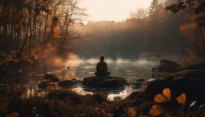 Meditating outdoors, surrounded by nature beauty generated by AI